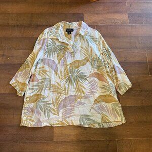 Tahari Linen Top Blouse Womens 1X White Tropical Palms Pullover Beach